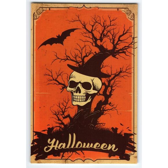 Vintage Halloween Postcard Skeleton with Witch Hat & Bat 6x4 Continental - Picture 1 of 2